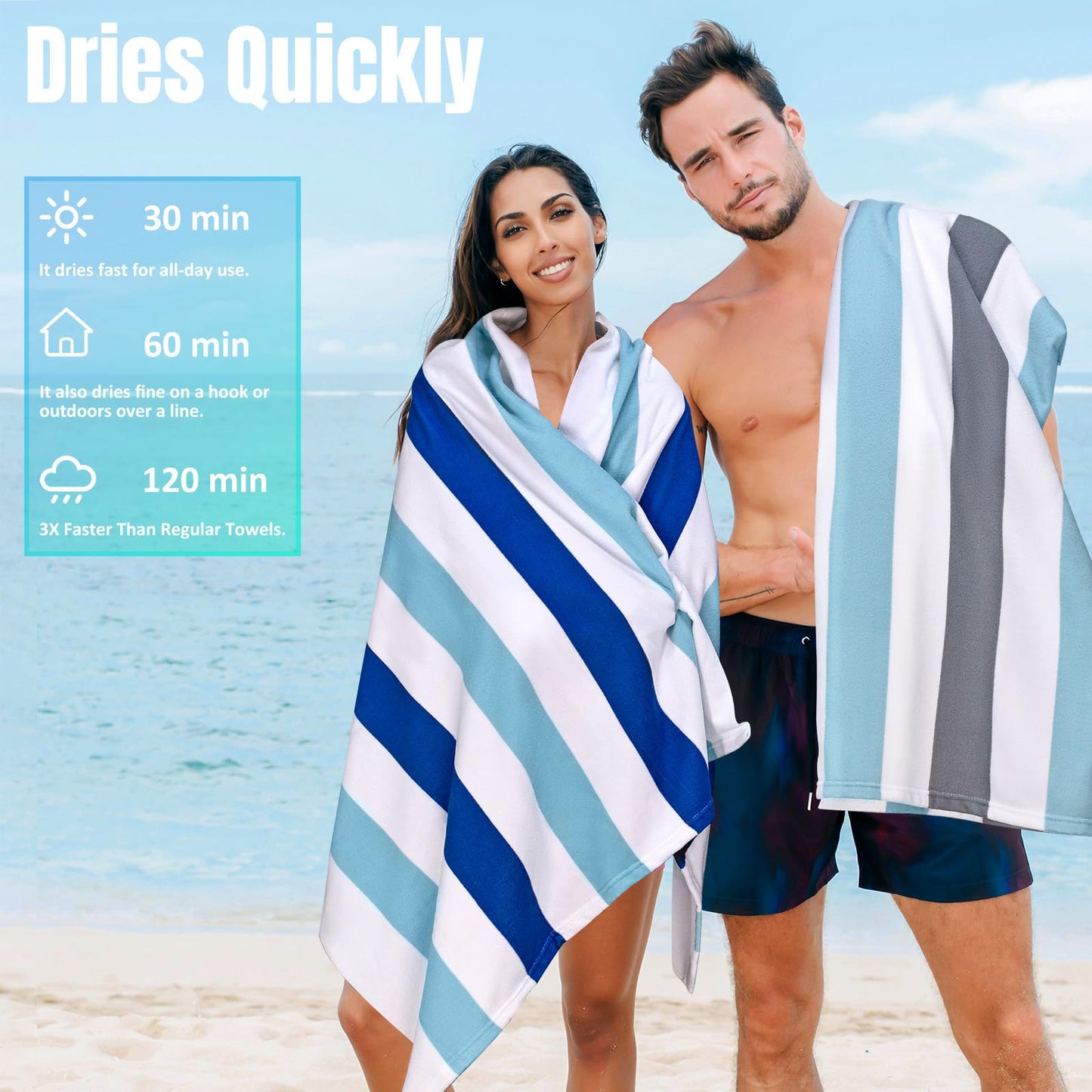 Ouxiaobai Large Oversized Beach Towel - Microfiber Sand Free 35 x 70 Inch Quick Dry Lightweight Pool Towel for Adults, Thin Striped Swim Towel