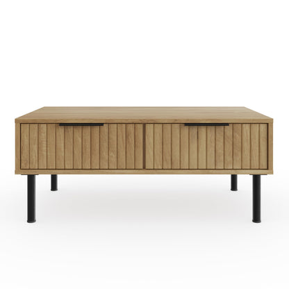 GFW Nervata Coffee Table, Oak Effect Coffee Table with 2 Drawers, Art Deco Style Living Room Table with Gold Accents and Wood Grain Texture