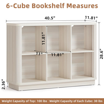 LELELINKY 6 Cube Storage Bookcase, 40" Wide Wooden Book Shelf with Thickened Base, Freestanding 2-Tier Open Book Case Unit with Curved Edge