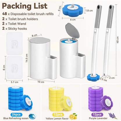 Toilet Brushes & Holders Set, 48pcs Disposable Toilet Brush Refills with 2 Holders 2 Toilets Wand