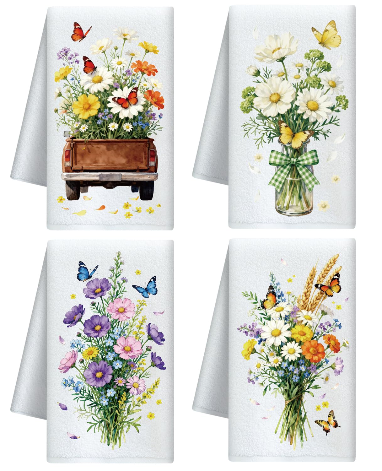 CUTHOLLOW Daisy Flowers Bouque Decorative Kitchen Towels Set of 4, 60x40cm Soft Absorbent Microfiber Dish Towel for Tea Coffee Bar Home, Gift for