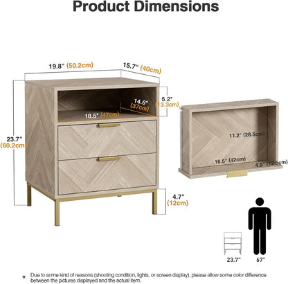 Yvsevnr Modern Bedside Tabls with Drawers Wood Bed Side Table for Bedroom Living Room Office Herringbone Small Chest of Drawers with Open Compartment