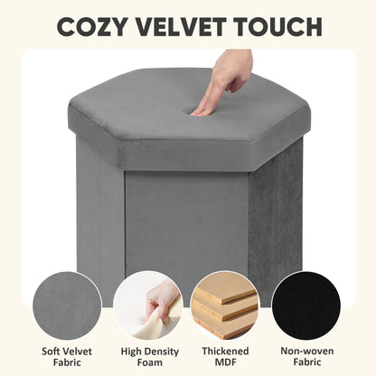 PINPLUS Hexagonal Storage Ottoman, Velvet Foldable Footstool, Grey