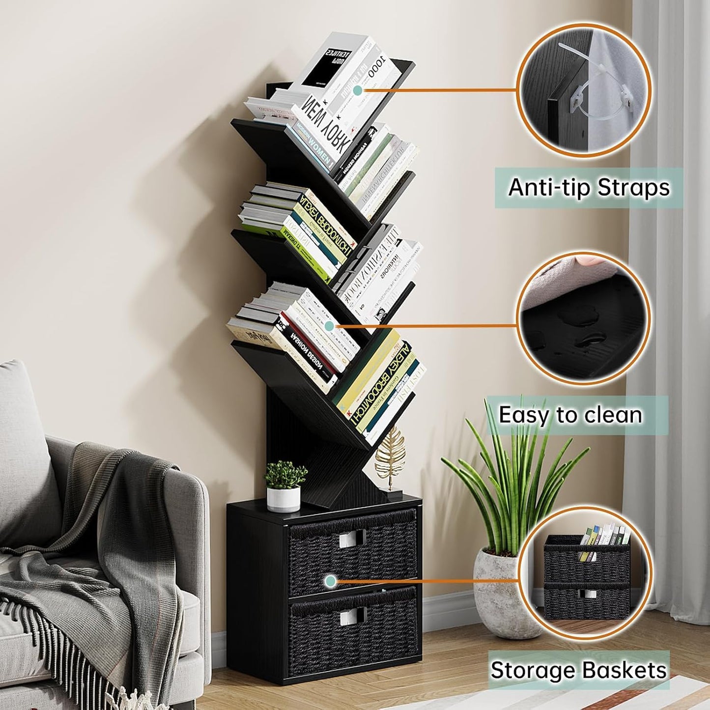 Vagusicc 6 Tier Tree Bookshelf, Modern Floor Standing Bookcase with Storage Drawer, Space Saving Storage Organizer Book Shelves for Books