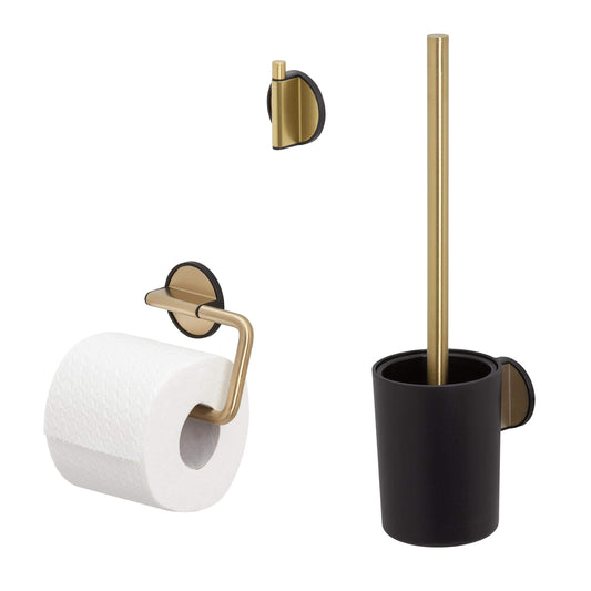 Tiger Tune Toilet accessories set - Toilet brush and holder - Toilet roll holder without cover - Towel hook - Brushed brass/Black