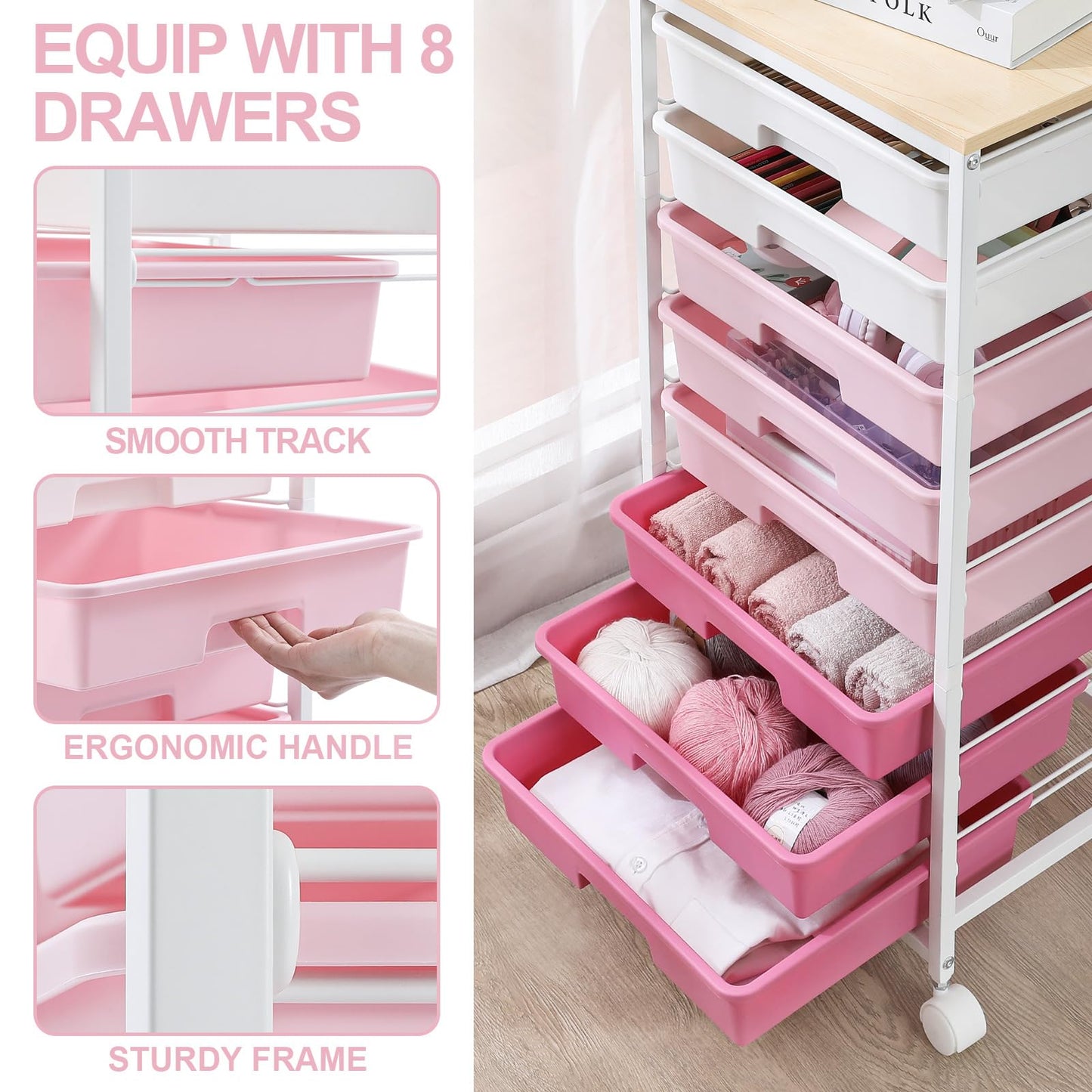 SYKIARIOL 8 Drawers Rolling Storage Trolley, Utility Storage Cart on Lockable Wheels with Plastic Drawers, Multipurpose Mobile Organizer Unit for