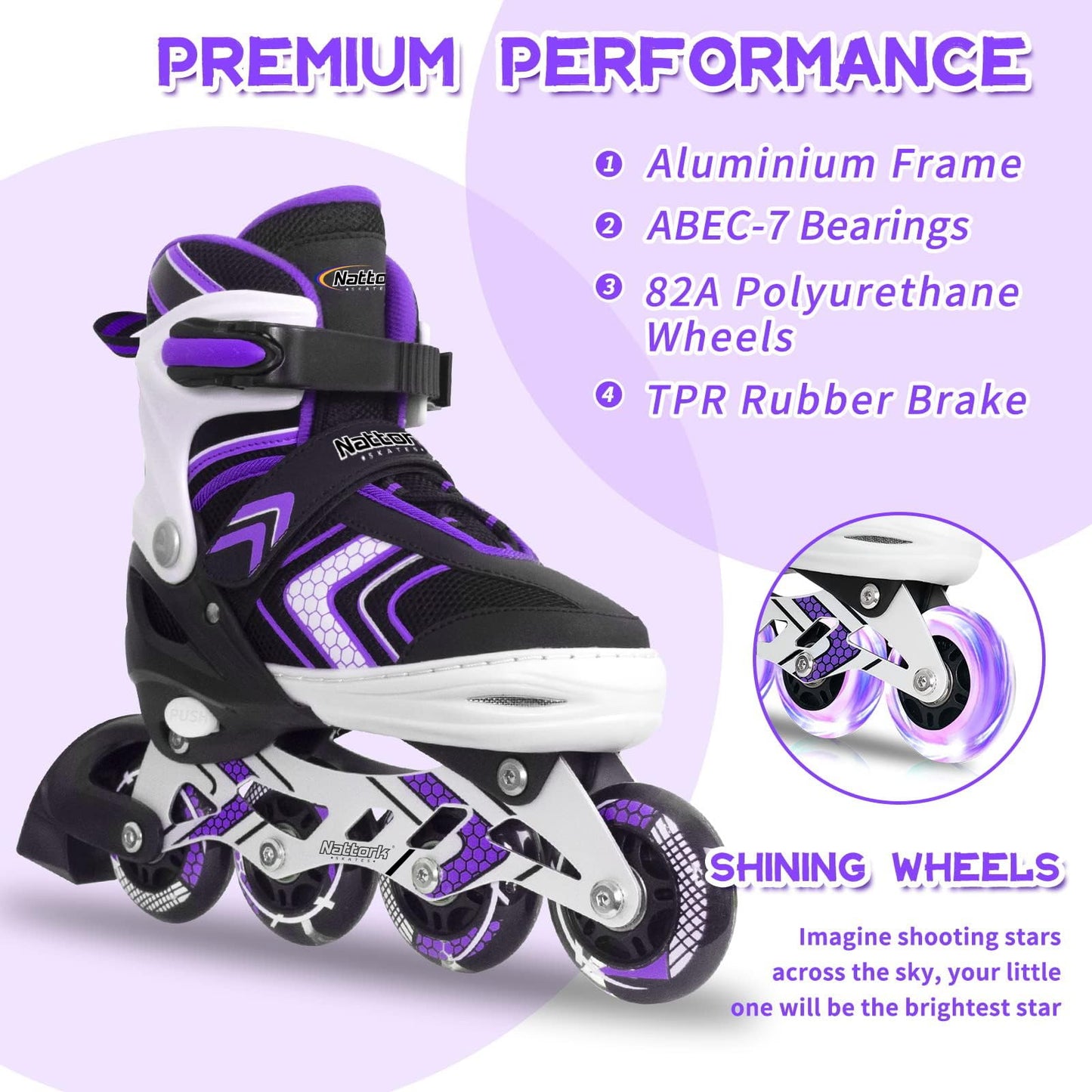 Roller Skates for Girls with Full Light up Wheels, Girls Skates for Kids, Adjustable Beginner Inline Skates for Little Kids, Purple, Size 10J 11J 12J