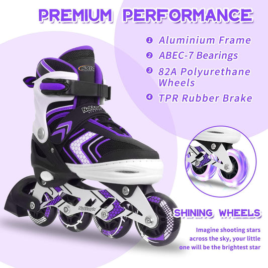 Roller Skates for Girls with Full Light up Wheels, Girls Skates for Kids, Adjustable Beginner Inline Skates for Little Kids, Purple, Size 10J 11J 12J