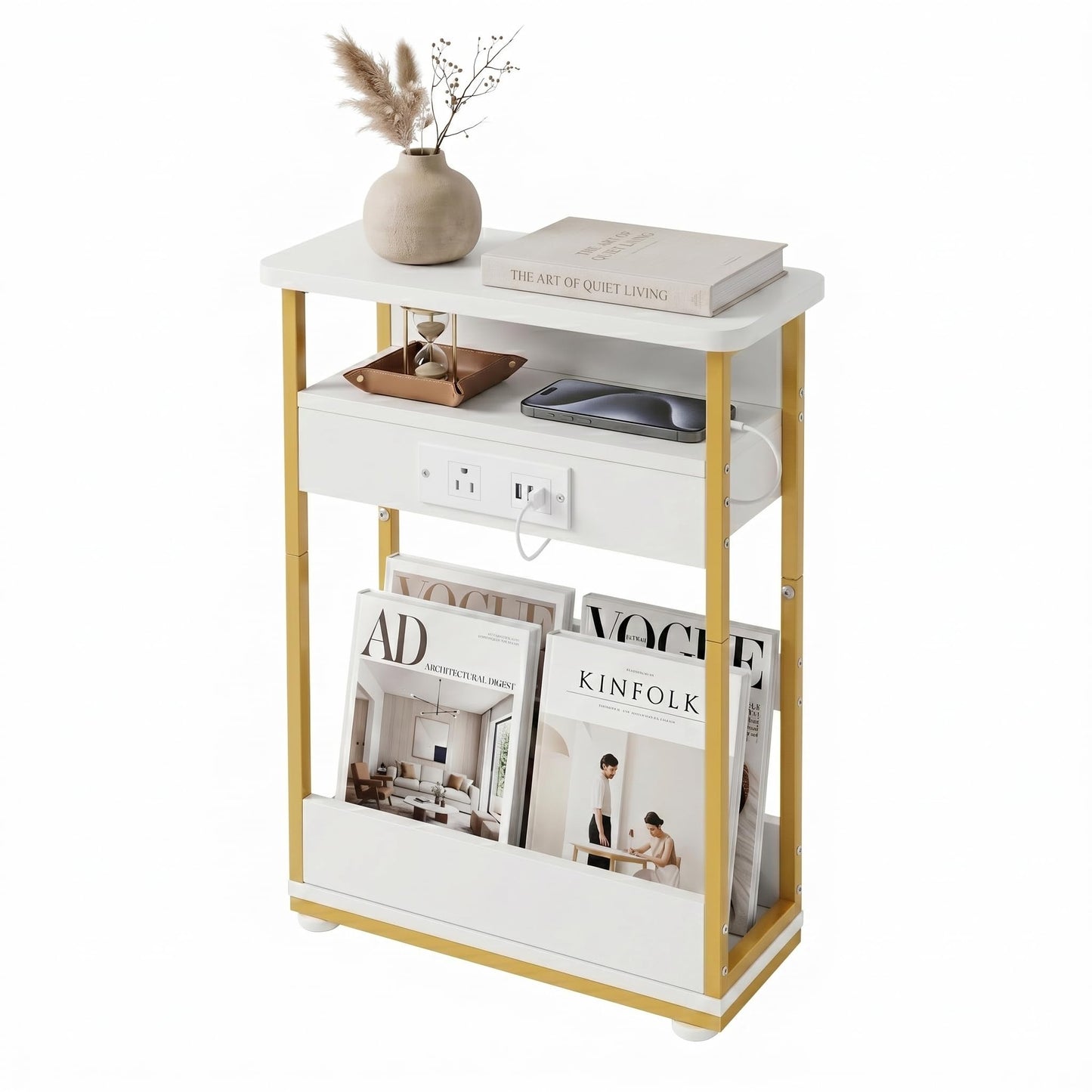 YEAKOO Narrow Side Table With Charging Station, 3 Tier End Table with 2 USB Ports & Power Outlets,Slim Sofa Side Table for Narrow and Small Spaces
