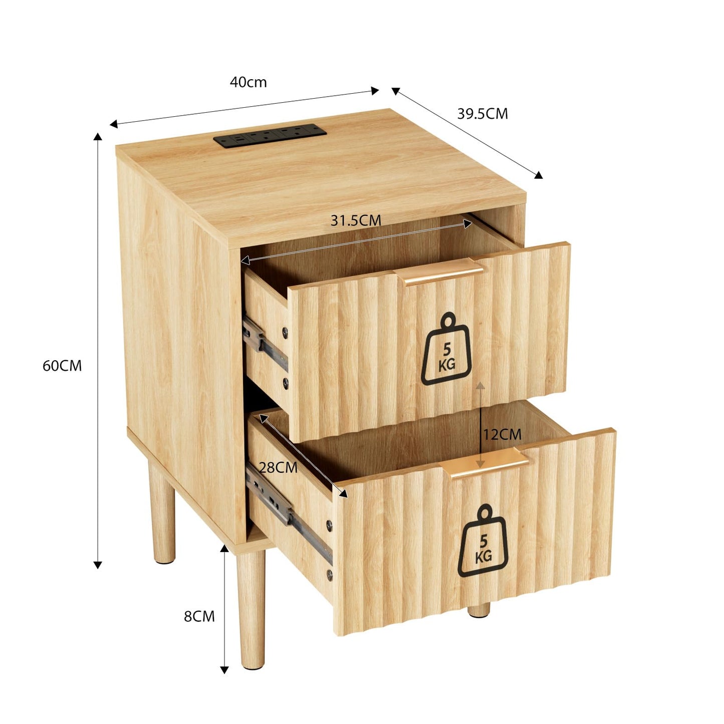 Karl home Bedside Table Set of 2, Wood Grille Nightstand Side End Table,Oak
