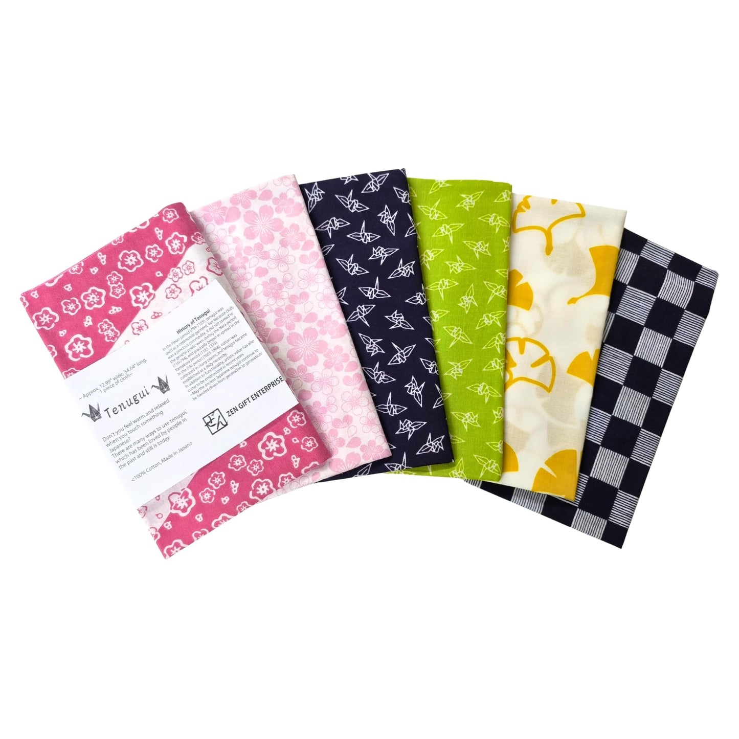 Japanese Tenugui Towel, 34.64"L x 12.99"W, Traditional 6 Patterns Set