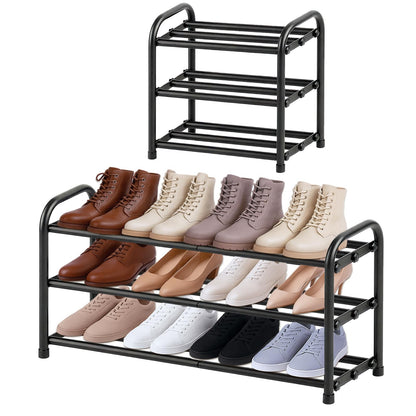 MIKVOYO 3 Tier Extendable Shoe Rack, Black Metal Narrow Adjustable Shoe Storage Stand Racks for Inside Wardrobe Closet, Small Spaces, Hallway