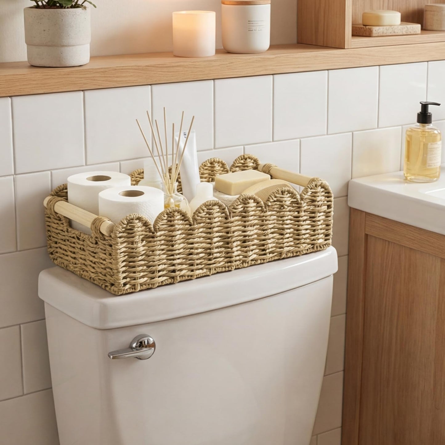 Storage Basket for Toilet Tank Top Scalloped Edge Woven Paper Rope Wicker Bin with Wooden Handles Cute Decorative Organizer Tray for Counter Shelf &