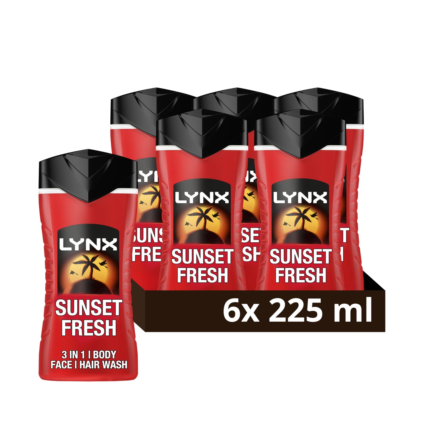 Lynx Men Sunset Fresh 3-in-1 Hair, Face and Body Wash with a mango & mandarin scent and all-day freshness 225 ml, Pack of 6