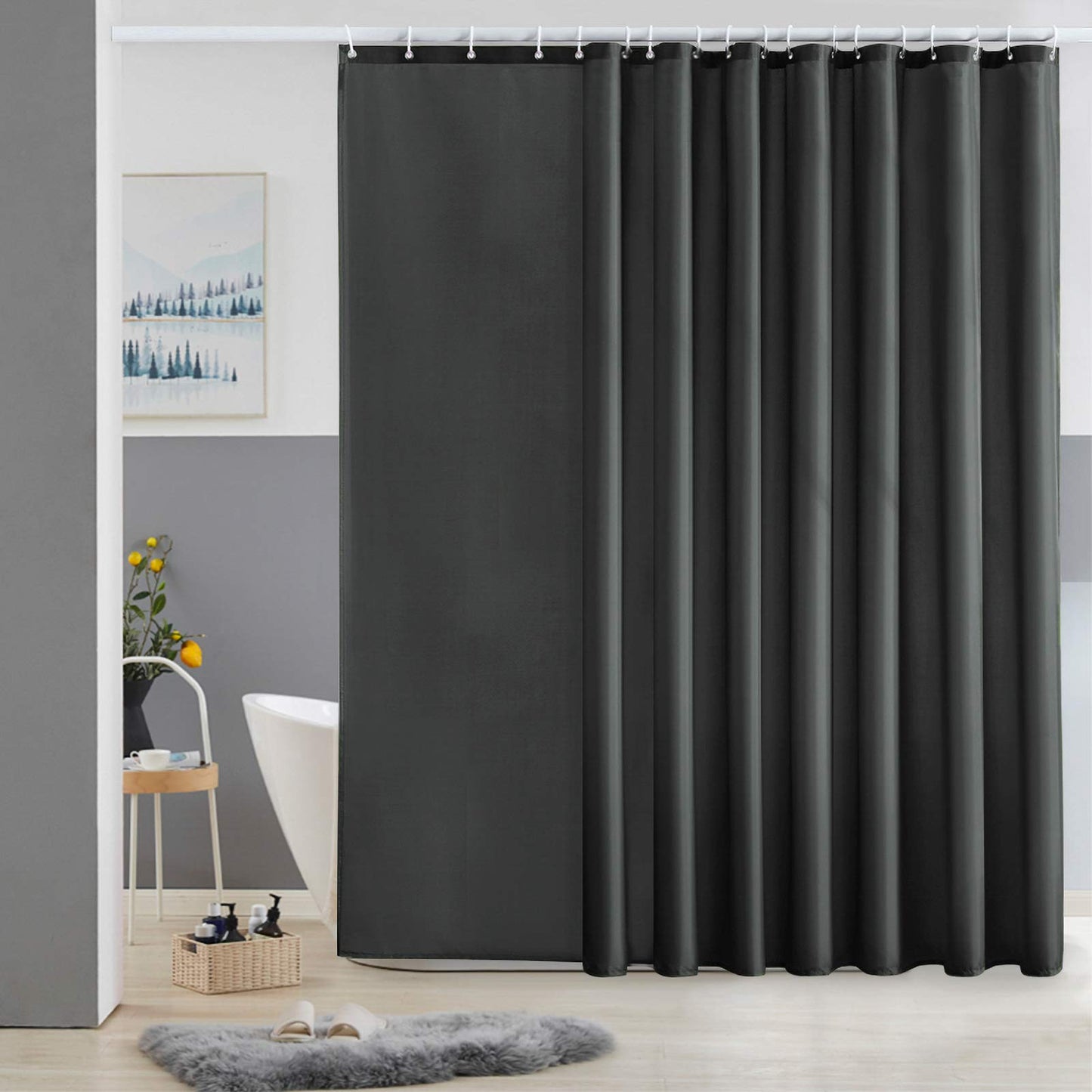 Furlinic Extra Wide Shower Curtain Fabric Washable Mould Proof Waterproof for Bathroom Bath Curtains Sets With 18 PCS Plastic Hooks Dark Grey 108 x 72