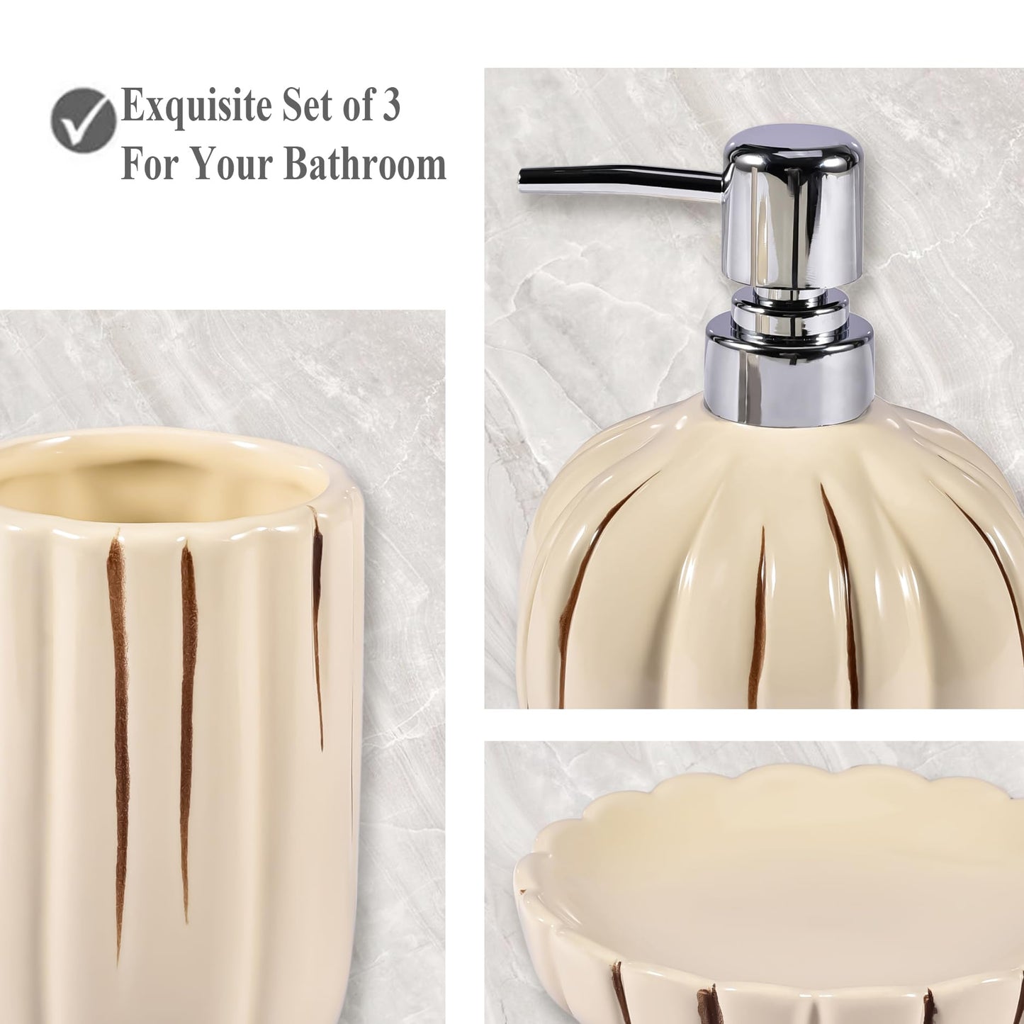 Fall Bathroom Accessory Set of 3, Harvest Pumpkin Bathroom Decor, Ceramic Bathroom Accessories Complete -Toothbrush Holders, Soap Dispenser