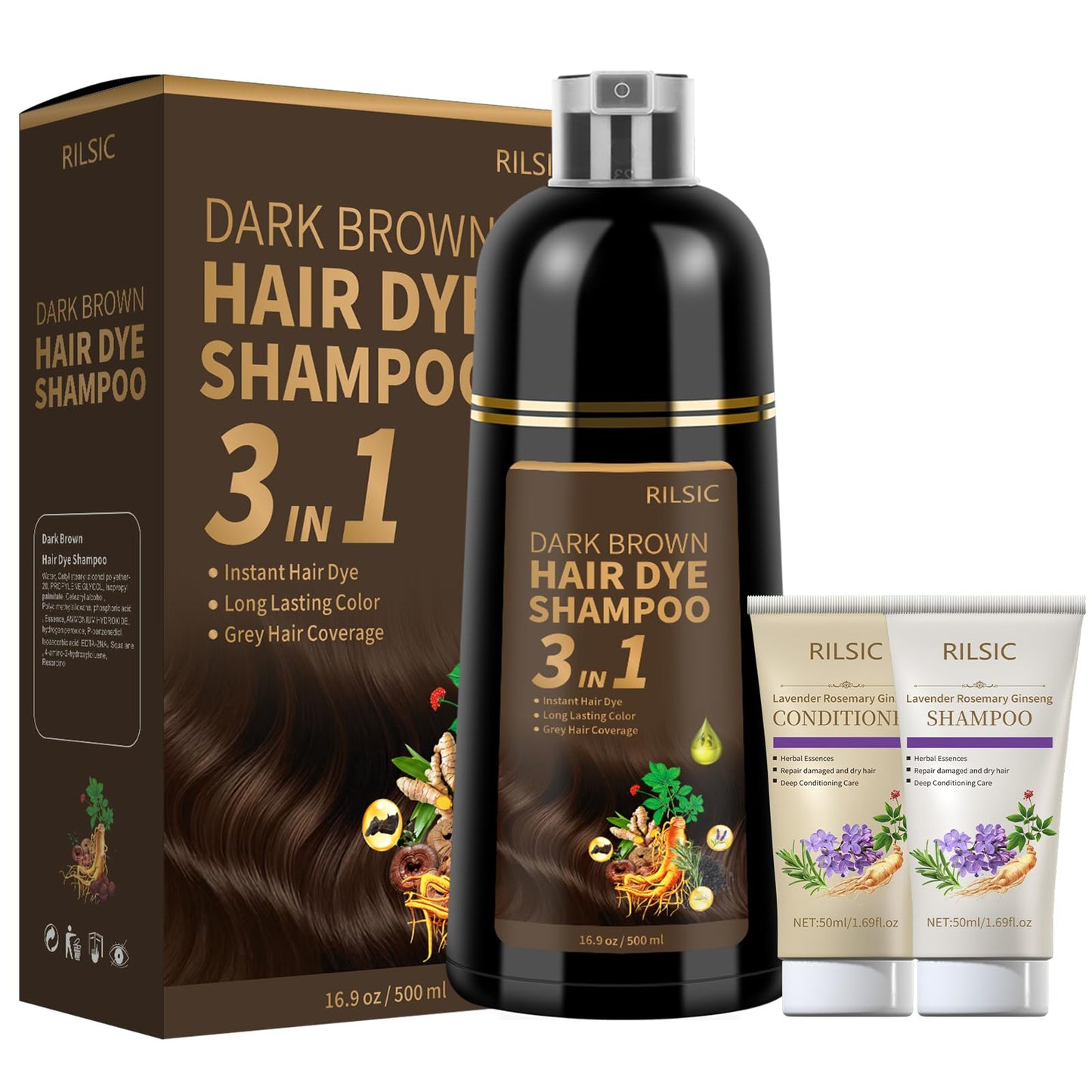 RILSIC Dark Brown Hair Dye Shampoo 3 in 1 for Grey Hair Coverage, 500ML Herbal Instant Hair Color & 50ML Shampoo & 50ML Conditioner, Long