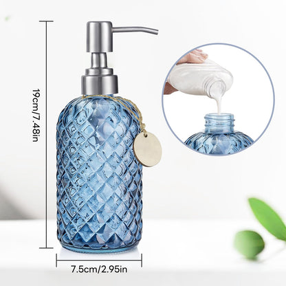 Topsky Glass Soap Dispenser with Silver Metal Pump 400ml Blue