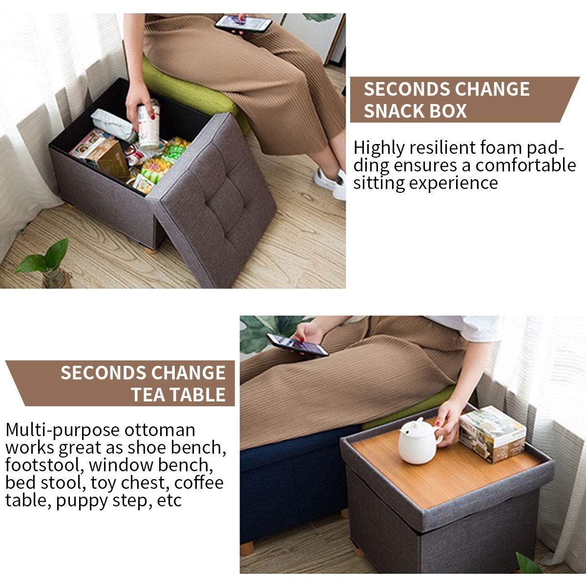 BRIAN & DANY Folding Ottoman Storage Box with Wood Legs, Linen Foot Stool, Footstool with Storage, Highly Elastic Sponge Filling, Brown, 38 x 38 x 38