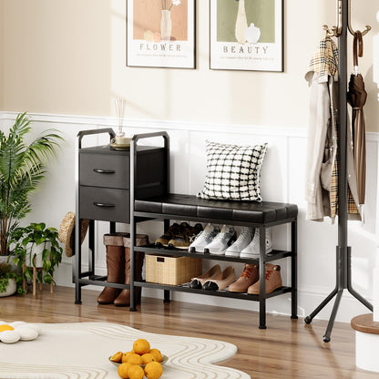 MUTUN Shoe Bench with Cushion, Storage Bench with Padded Seat, 2 Drawer and Open Compartments, for Entryway, Hallway, Living Room, Black