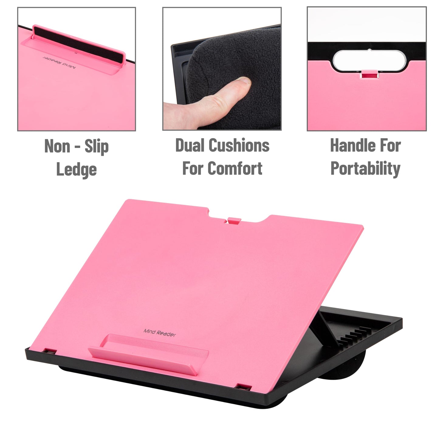 Mind Reader Lap Desk Laptop Stand, Bed Tray, Collapsible, Cushion, Portable, Dorm, Plastic, 14.75" L x 11" W x 7.3" H, Pink