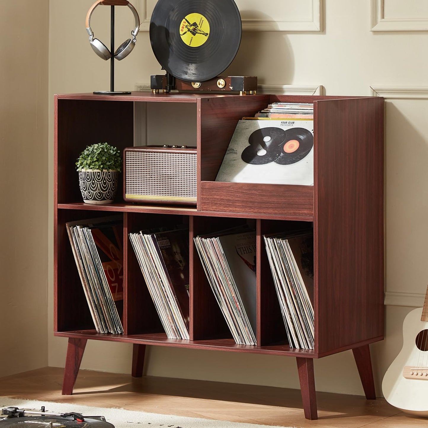 Large record stand with storage, record player stand with shelf, vinyl record holder with presentation surface, record stand for up to 300 albums