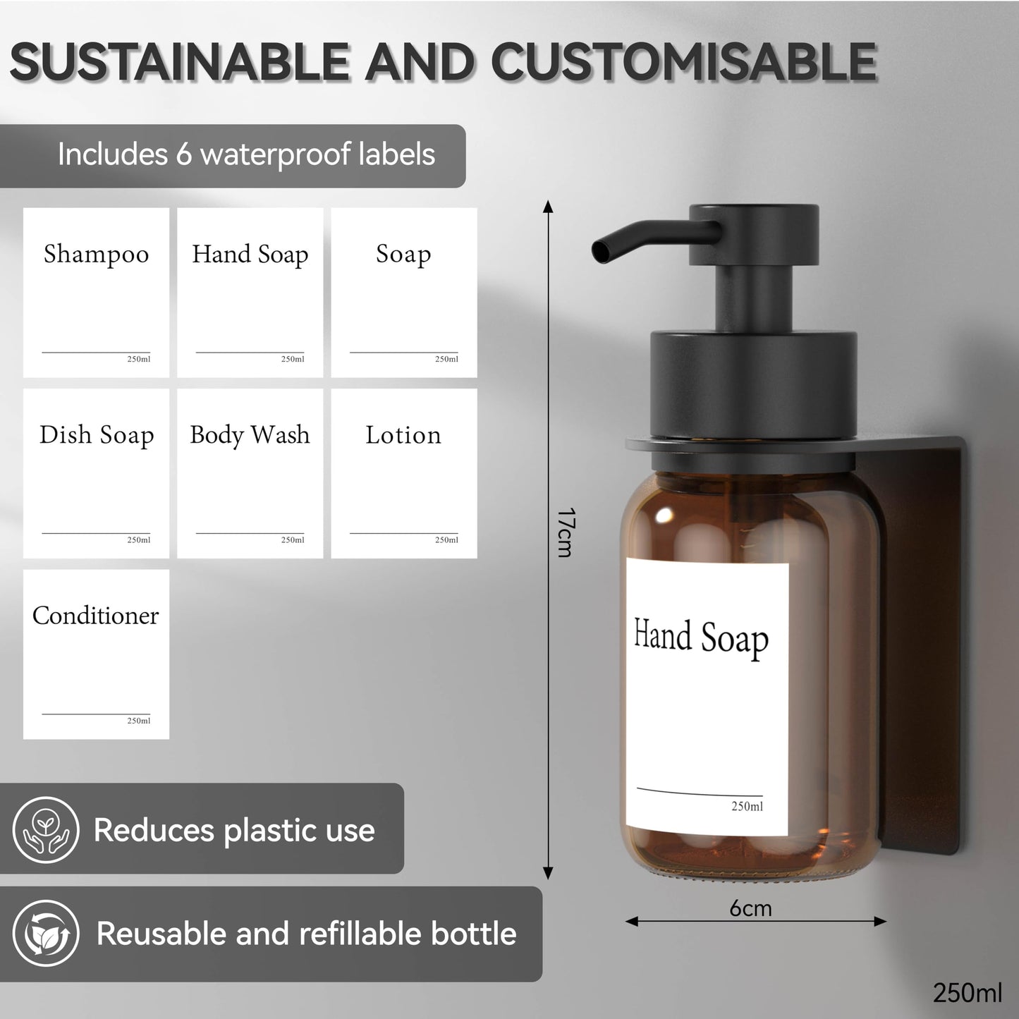 Glass Soap Dispenser, Wall mounted Soap Dispenser for Kitchen and Bathroom, Stainless Steel Pump Dispenser for Liquid Soap, No Drilling Required
