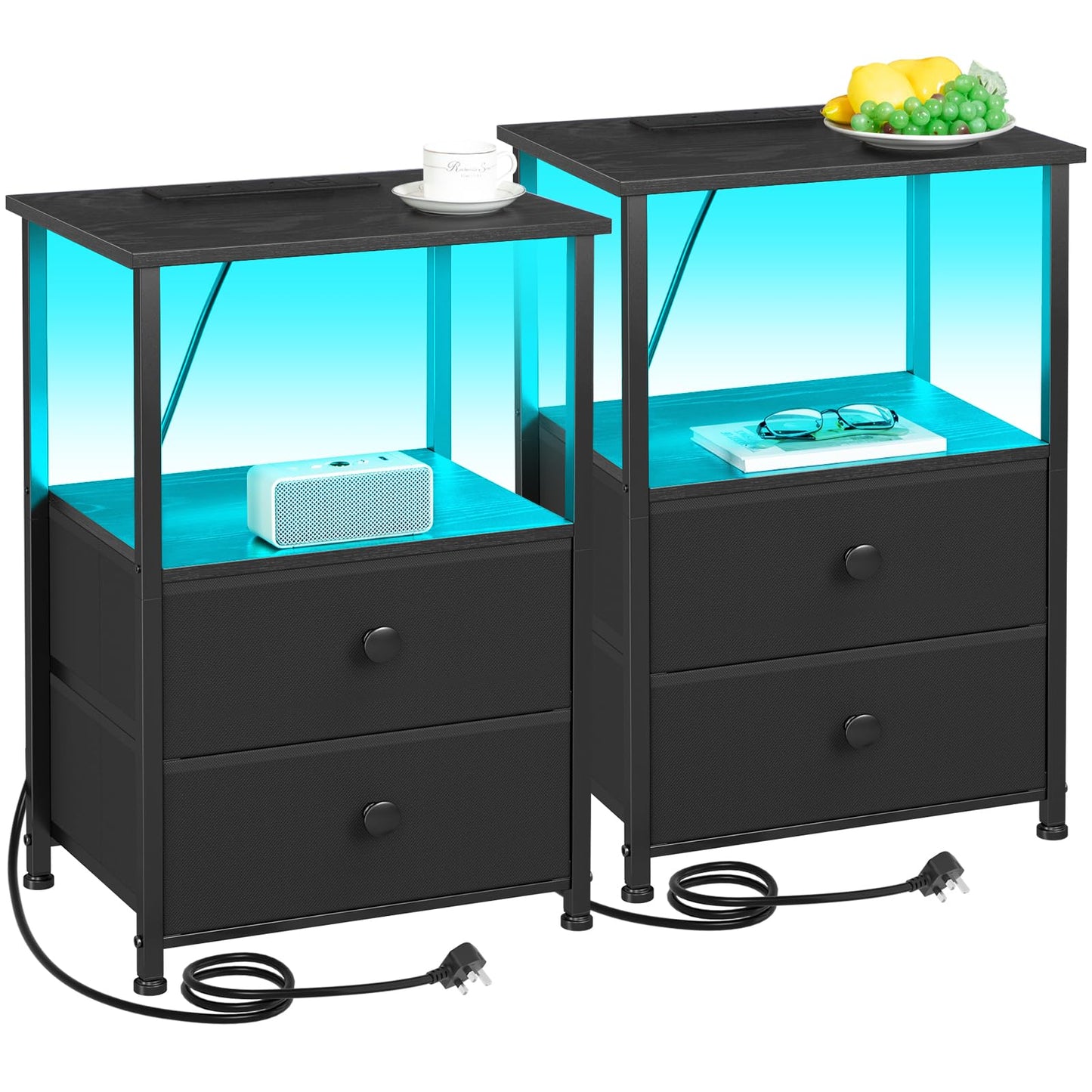 AMHANCIBLE Bedside Table Set of 2 with Charging Station, Small Side Table with LED Light, Nightstand with 2 Fabric Drawers and Open Storage Shelf,