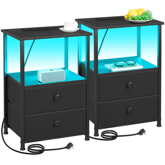 AMHANCIBLE Bedside Table Set of 2 with Charging Station, Small Side Table with LED Light, Nightstand with 2 Fabric Drawers and Open Storage Shelf,