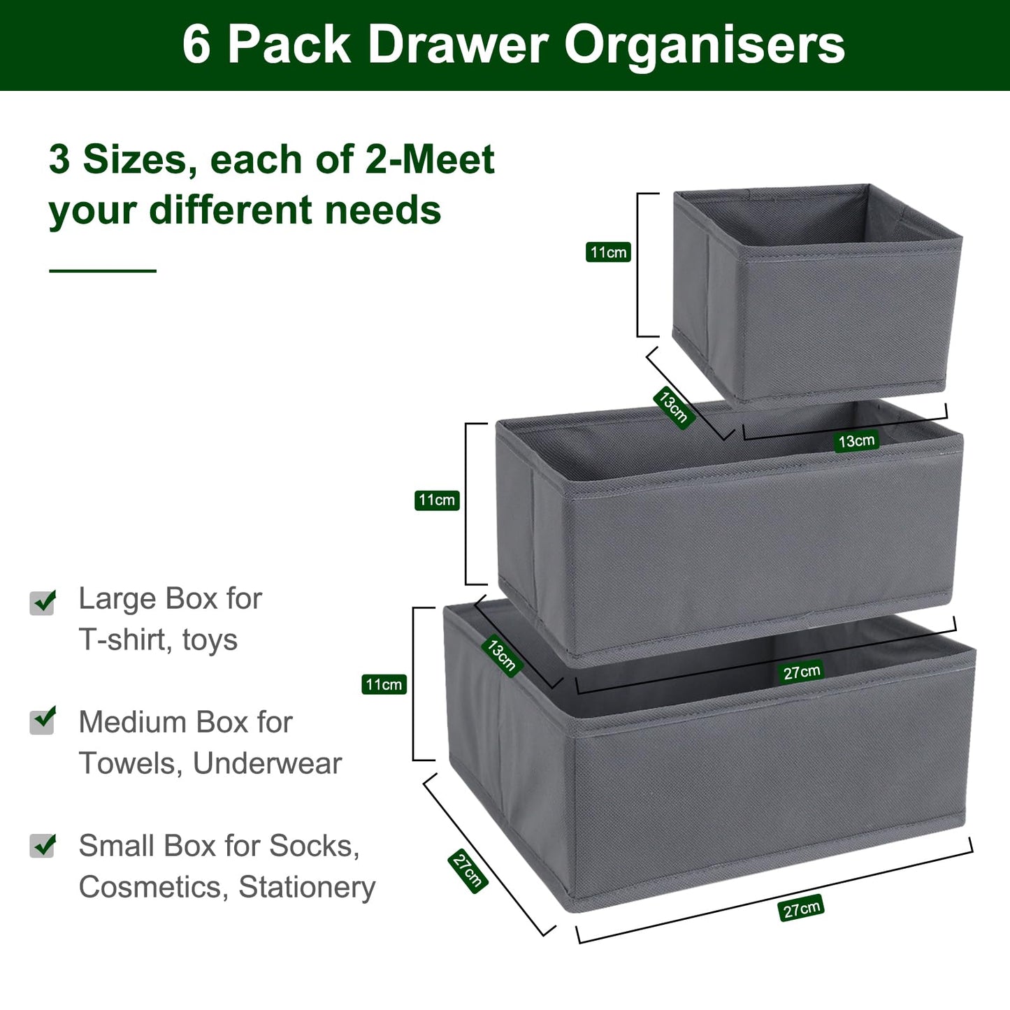 Drawer Organiser-6 Pack Wardrobe Storage Organizer, Desk Organiser, Thickened Fabric Storage Box for Underwear, Clothes, Socks, Ties, Scarves