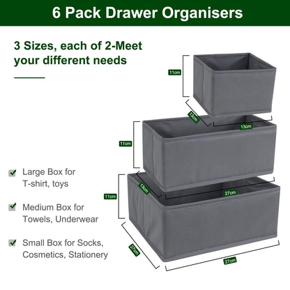 Drawer Organiser-6 Pack Wardrobe Storage Organizer, Desk Organiser, Thickened Fabric Storage Box for Underwear, Clothes, Socks, Ties, Scarves