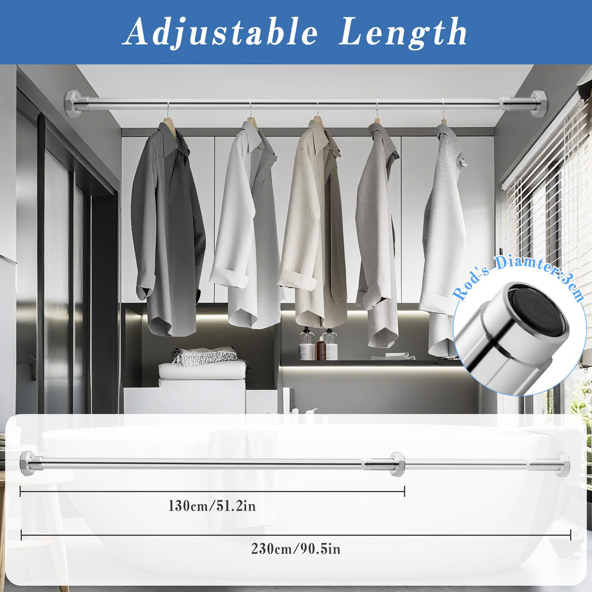 DEWEL Stainless Steel Shower Curtain Pole, 130-230cm Extendable No Drill Shower Curtain Rod Net Voile Curtains Rail