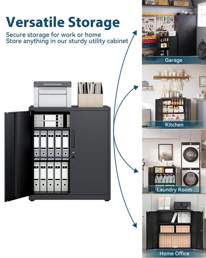 HOMSTEEL Metal Storage Cabinet, Locking Garage Cabinet, 3-Tier Office Cabinet with Adjustable Shelves, Cupboards for Office, Garage and Utility Room