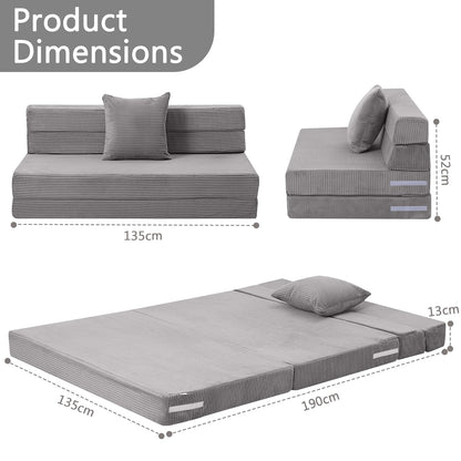 MeMoreCool Folding Mattress Double, Corduroy Fold Out Sofa Bed, Grey