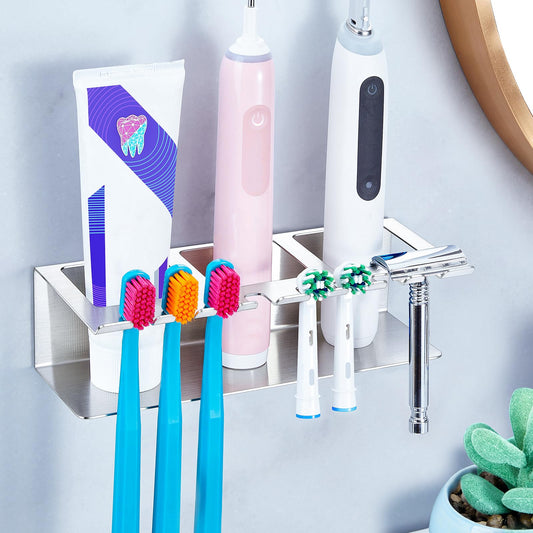 YYBO Toothbrush Holder Wall Mounted, Electric Toothbrush Holder for Bathroom, Toothbrush Head Holder with 8 Brush Slots, Self Adhesive Toothpaste