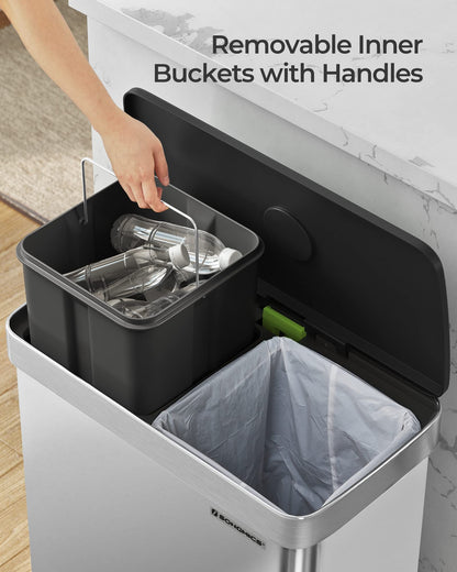 SONGMICS Kitchen Bin, 2 x 30L Stainless Steel Pedal Rubbish Bin with 15 Trash Bags, Recycling and Waste, with Plastic Inner Buckets, Lid, Soft