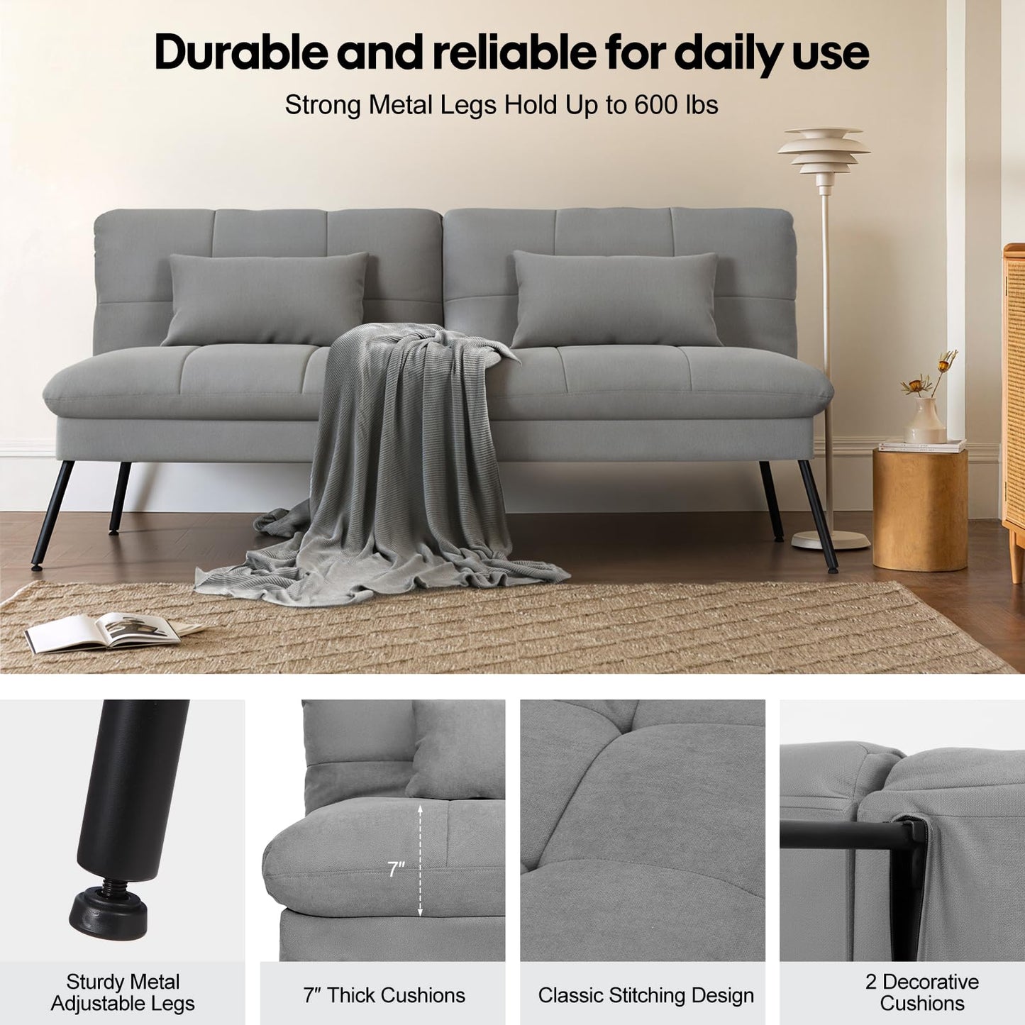 Panana Fabric 3 Seater Sofa Bed, 5-Gear Back Angle Adjustable Futon Sofa for Living Room/Guest Room (Grey)