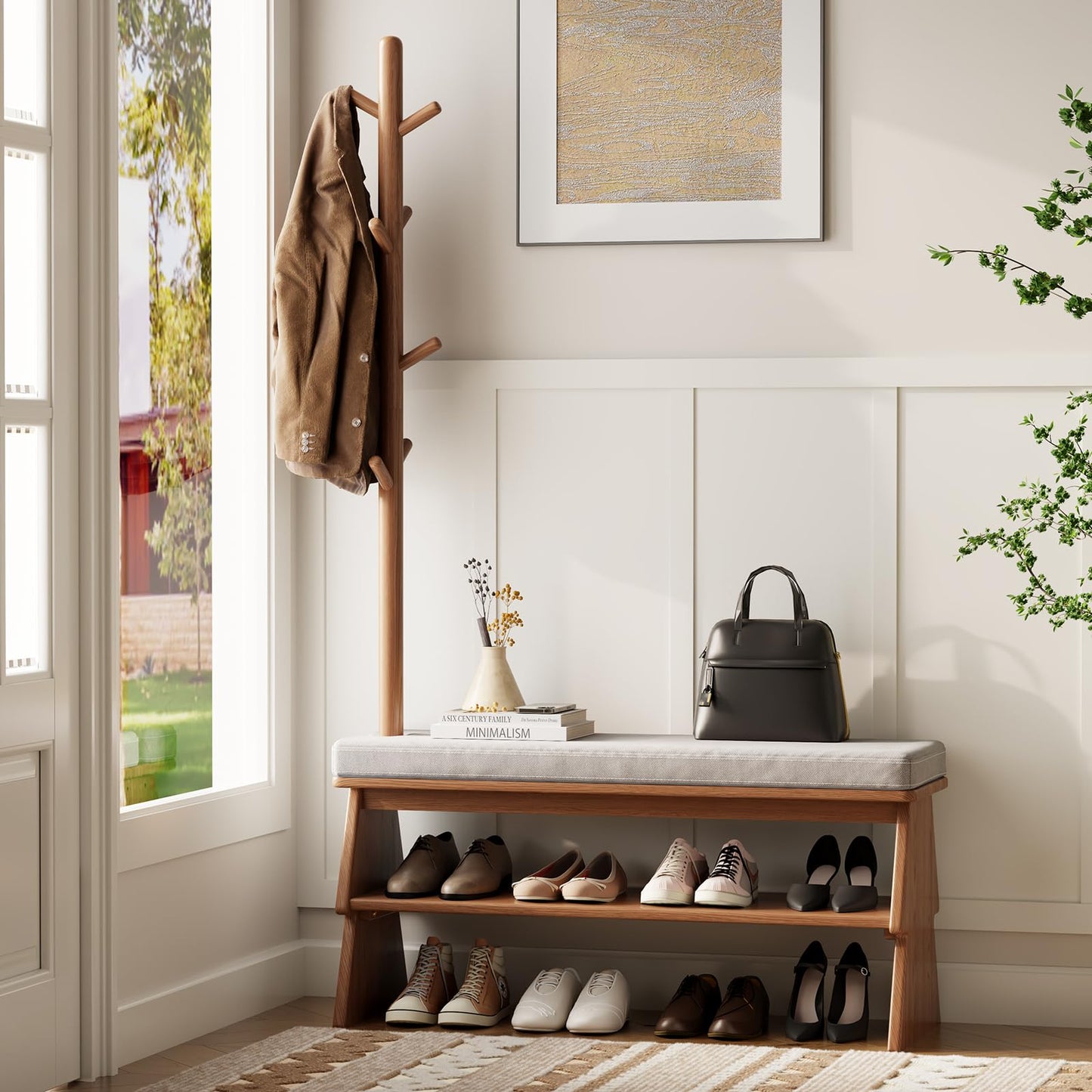 YQJJGL Solid Wood Coat Rack with Shoe Storage Bench, Walnut, 35x100x167cm