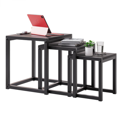 DUMEE Nesting Tables Set of 3 Wooden Coffee Table Side End Tables Sturdy Steel Metal Frame Living Room Bedroom,Space Saving Stacking Nightstand