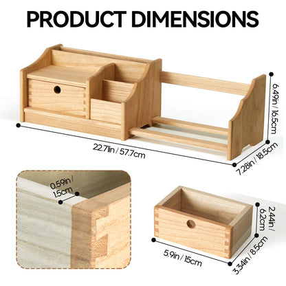 KIRIGEN Wooden Desktop Organiser with Drawer, Adjustable Bookshelf, Natural