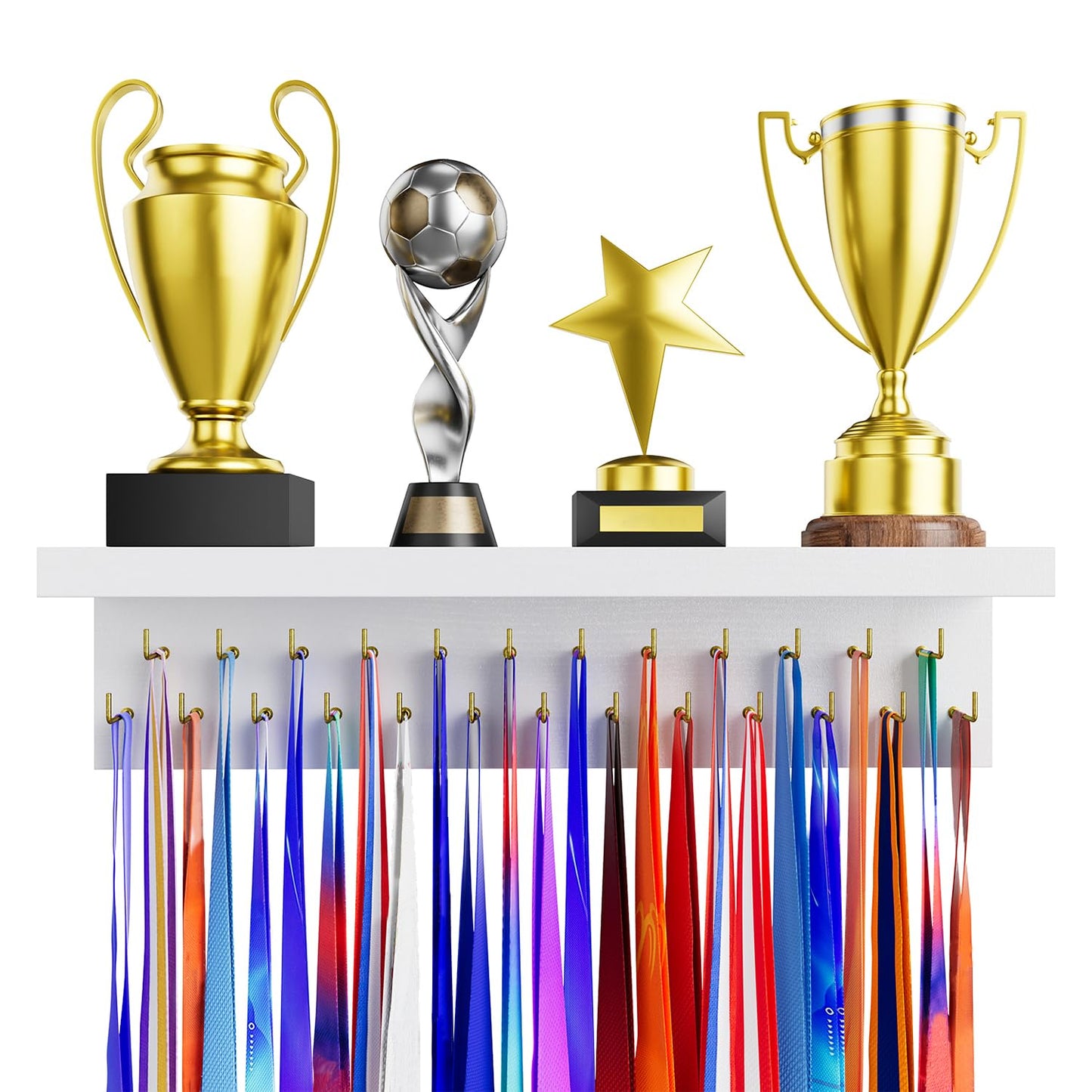 DSVENROLY Medal Holder Trophy Shelf Organizer, 25 Golden Hooks, White