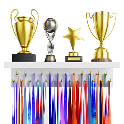 DSVENROLY Medal Holder Trophy Shelf Organizer, 25 Golden Hooks, White