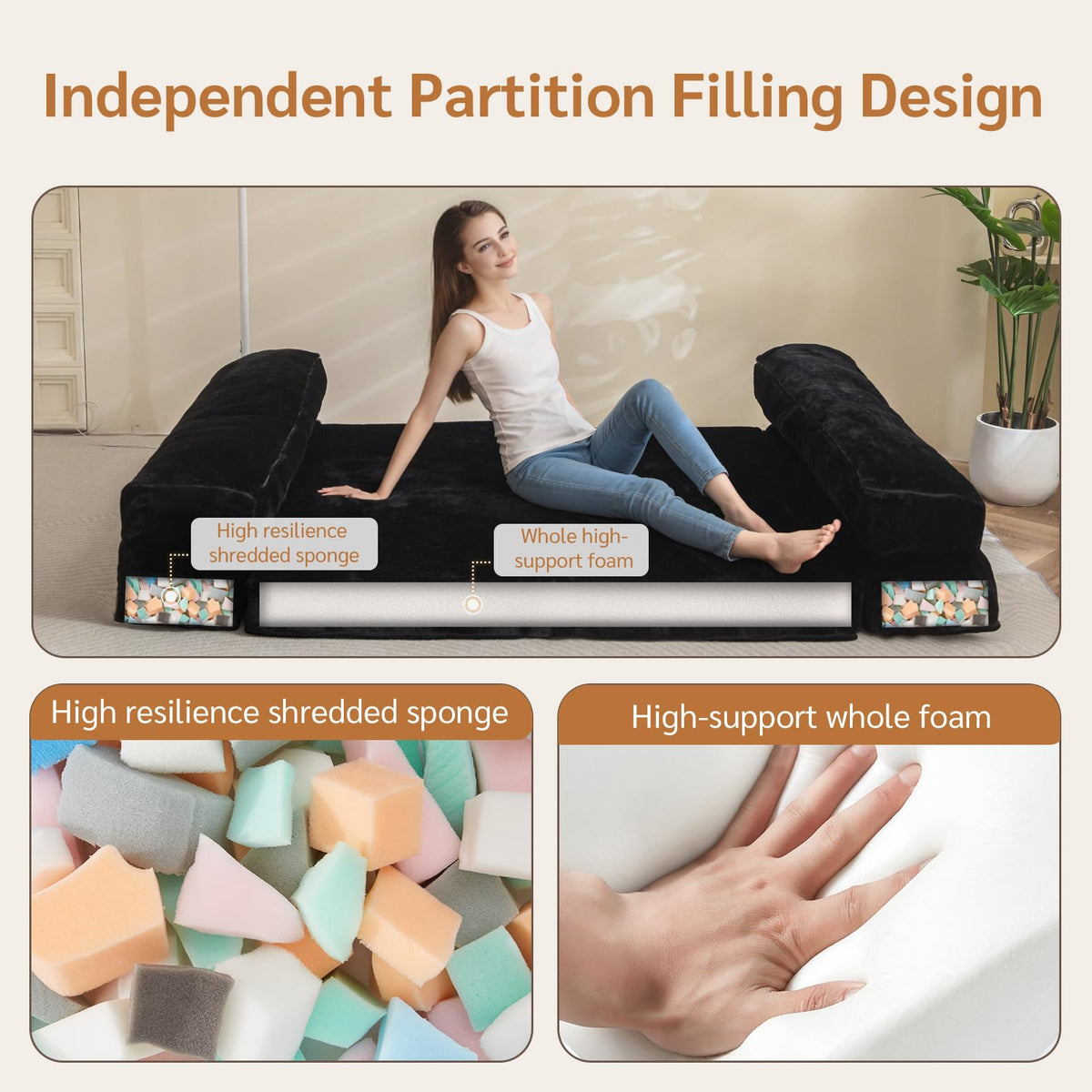 MAXYOYO Bean Bag Bed Folding Sofa Bed Floor Mattress for Adults, Extra Thick 6 Fold Floor Sofa Floor Couch for Bedroom Living Room, Black, 100x240 cm
