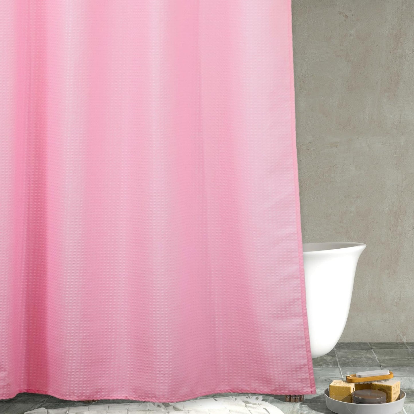 Pink Long Fabric Shower Curtain: 78 Inch Waffle Weave Heavy Duty Shower Curtains for Girls Bathroom - Water Repellent Washable Thick Polyester Cloth