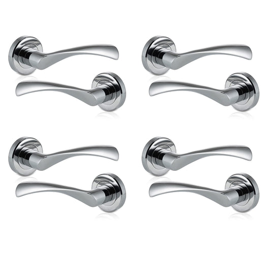 XFORT 4 Pack Door Handle on Rose, Warped Lever Door Handles in Polished Chrome Finish, Internal Lever Handle, Used as Internal Door Handles with a