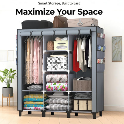 chunyangjingpin Portable Closet with 2 Hanging Rails & 8 Shelves, Bedroom Wardrobe with 18 Side Pockets, Foldable Garment Organiser (Grey)