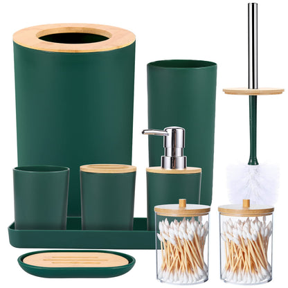 SLDIYWOW 9-Piece Dark Green Bathroom Accessories Set with Trash Can, Tray, Soap Dispenser, Toothbrush Holder, Toothbrush Cup, Soap Dish