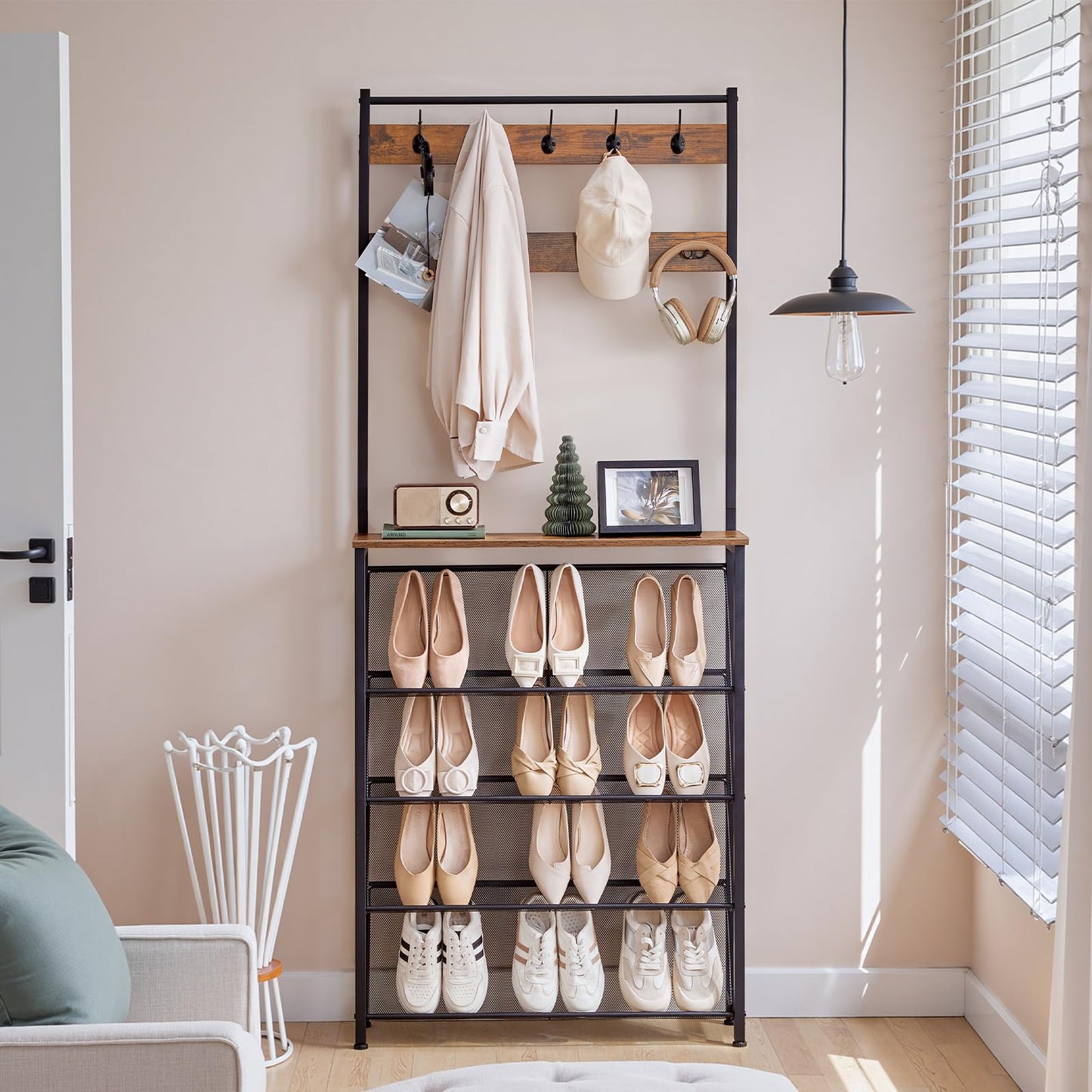 HOOBRO Coat Rack with Shoe Storage, Narrow Shoe Rack with Coat Rack and 9 Hooks, 5 Tier Slanted Storage Shelves, Coat Stand for Hallway, Entryway