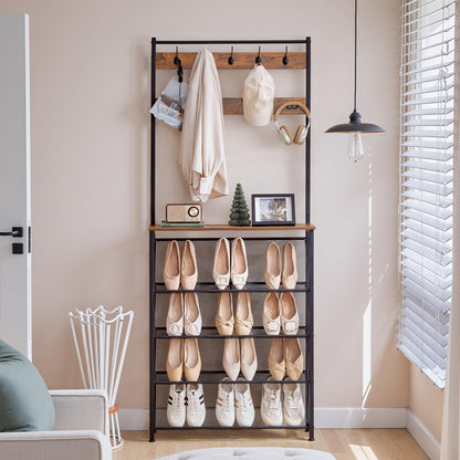 HOOBRO Coat Rack with Shoe Storage, Narrow Shoe Rack with Coat Rack and 9 Hooks, 5 Tier Slanted Storage Shelves, Coat Stand for Hallway, Entryway