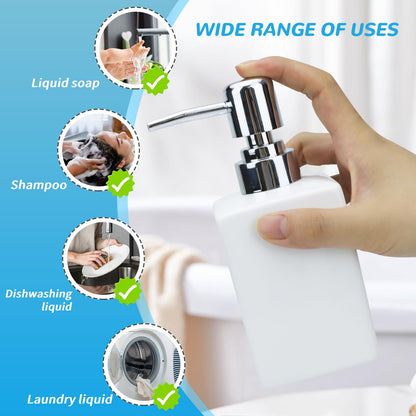 White Square Ceramic Soap Dispenser 320ml, Refillable Liquid Bottle with Anti‑Rust Long Spout Pump, Non‑Slip Base for Bathroom Vanity